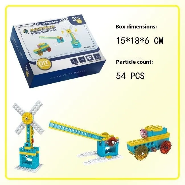 3-in-1 mechanical gear building block set showing multiple model options in colour box packaging