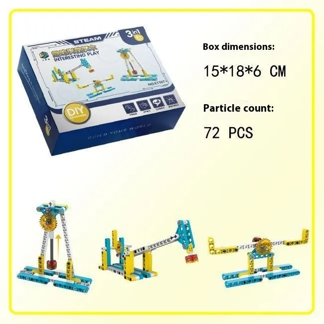 3-in-1 mechanical gear building block set showing multiple model options in colour box packaging