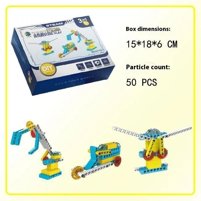 3-in-1 mechanical gear building block set showing multiple model options in colour box packaging