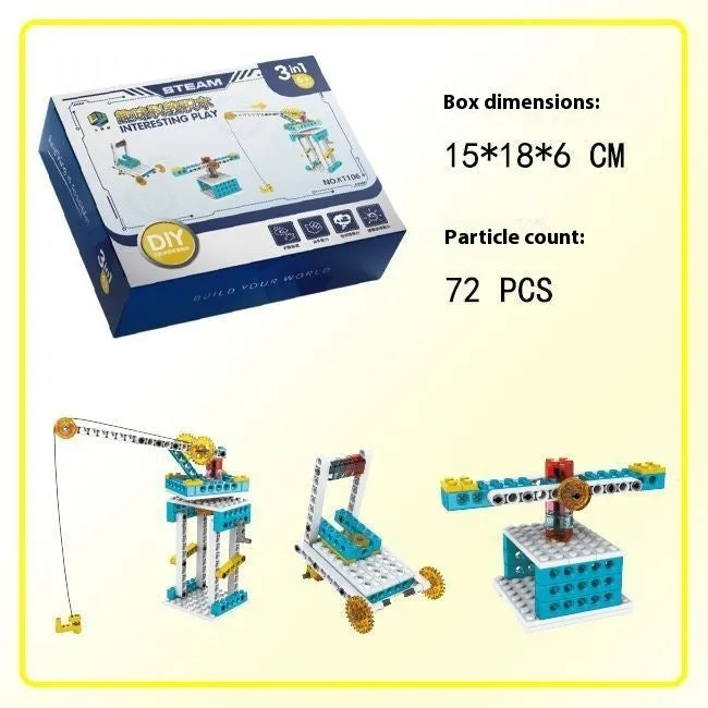 3-in-1 mechanical gear building block set showing multiple model options in colour box packaging