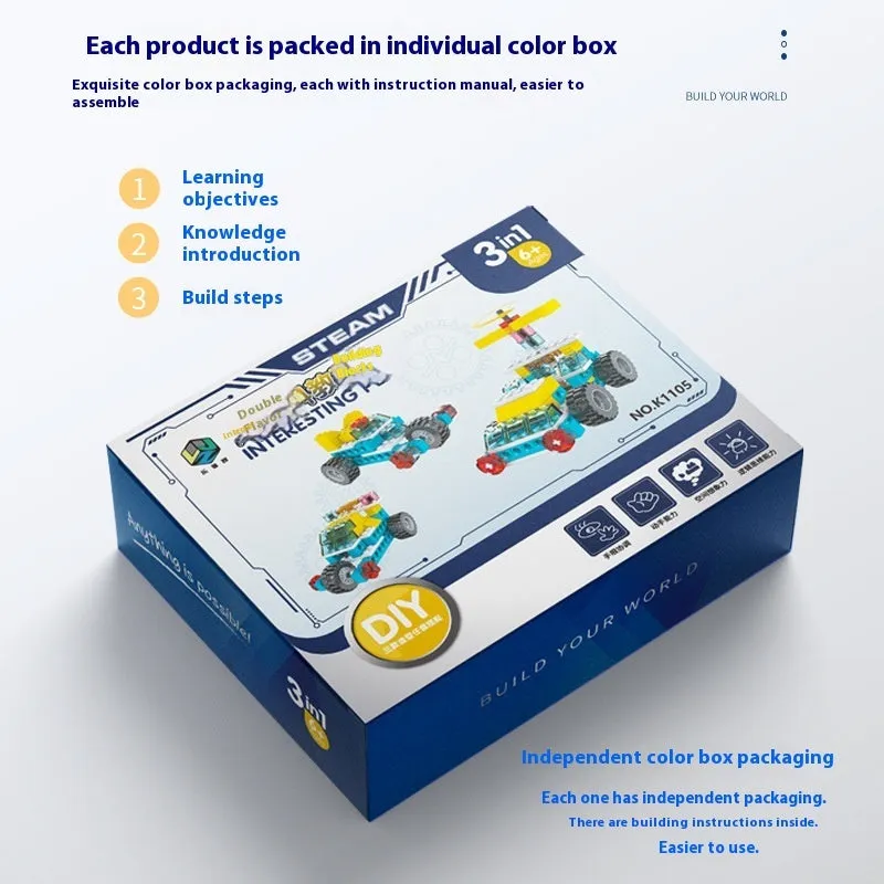 3-in-1 mechanical gear building block set showing multiple model options in colour box packaging