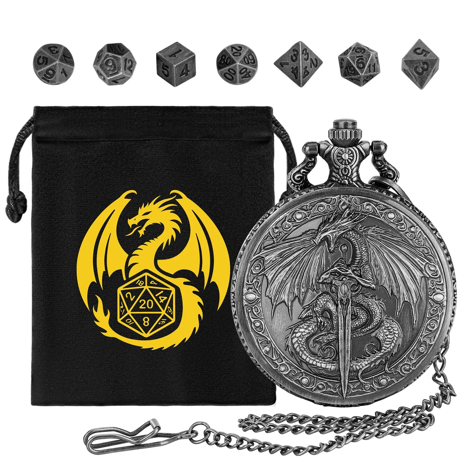 Zinc alloy DND dice storage case with winged beast and sword relief in bronze finish