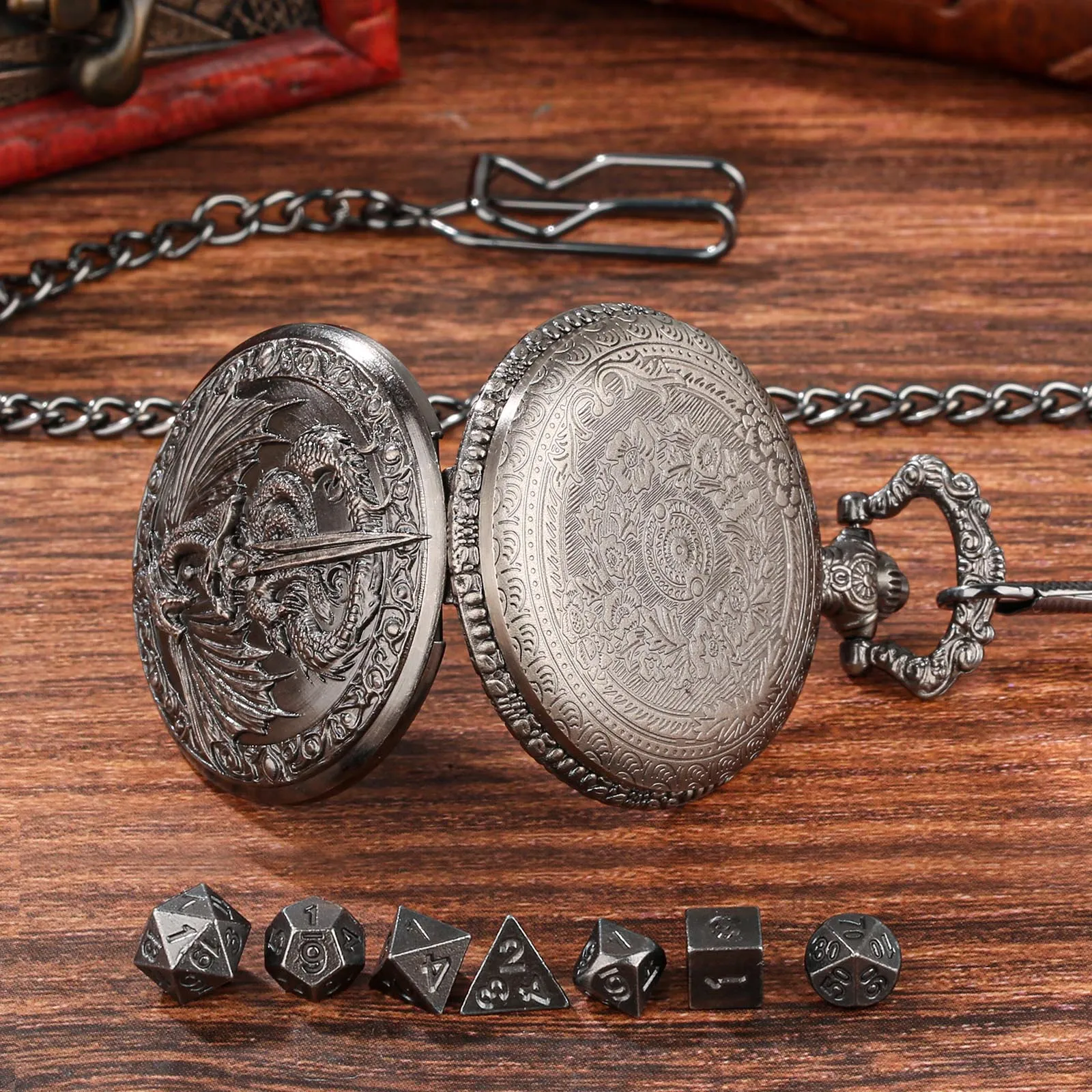 Zinc alloy DND dice storage case with winged beast and sword relief in bronze finish