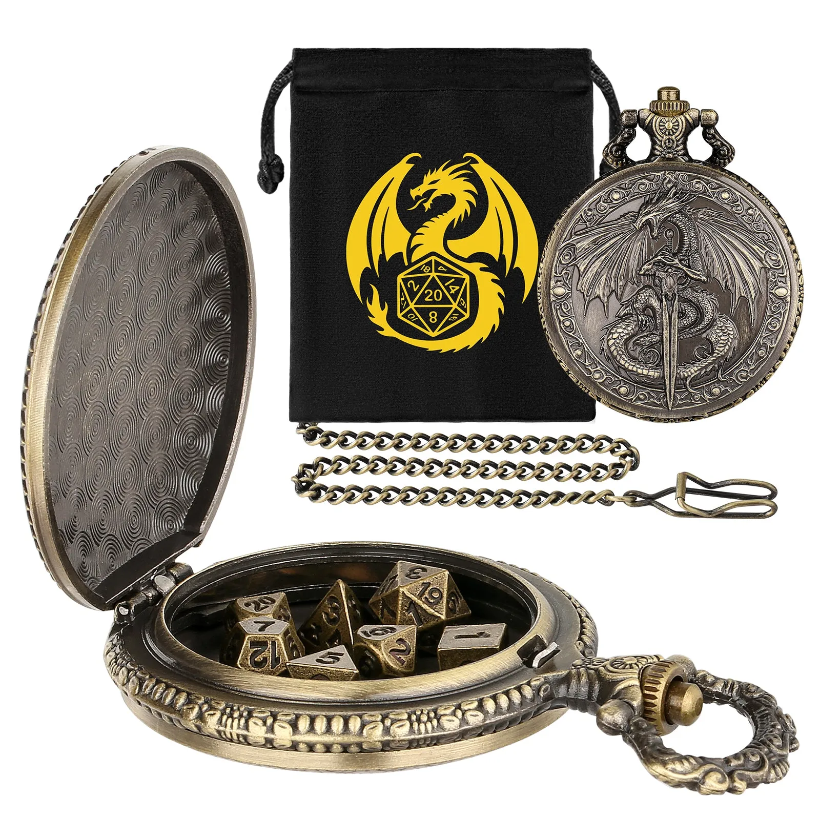 Zinc alloy DND dice storage case with winged beast and sword relief in bronze finish