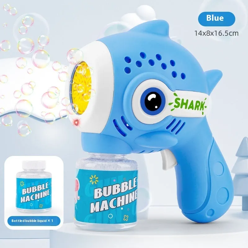 Electric bubble maker toy in blue dinosaur colour with luminous automatic foaming and porous design