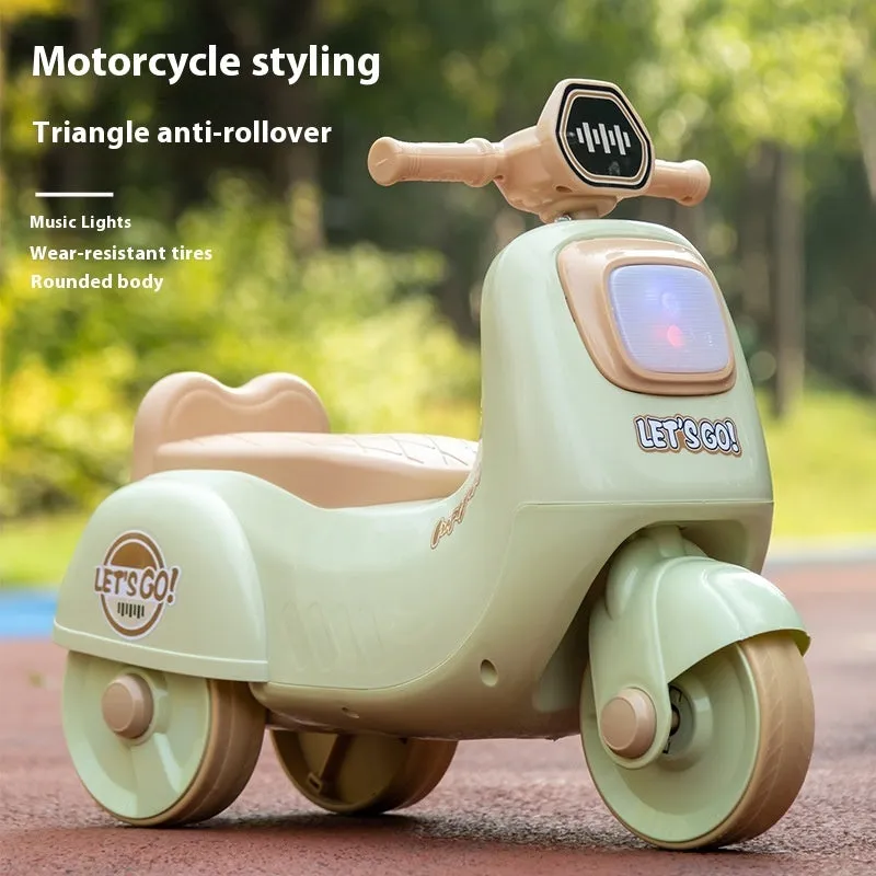 Childrens plastic toy motorcycle balance scooter in Chinese Olive Green with music light for ages 0-36 months