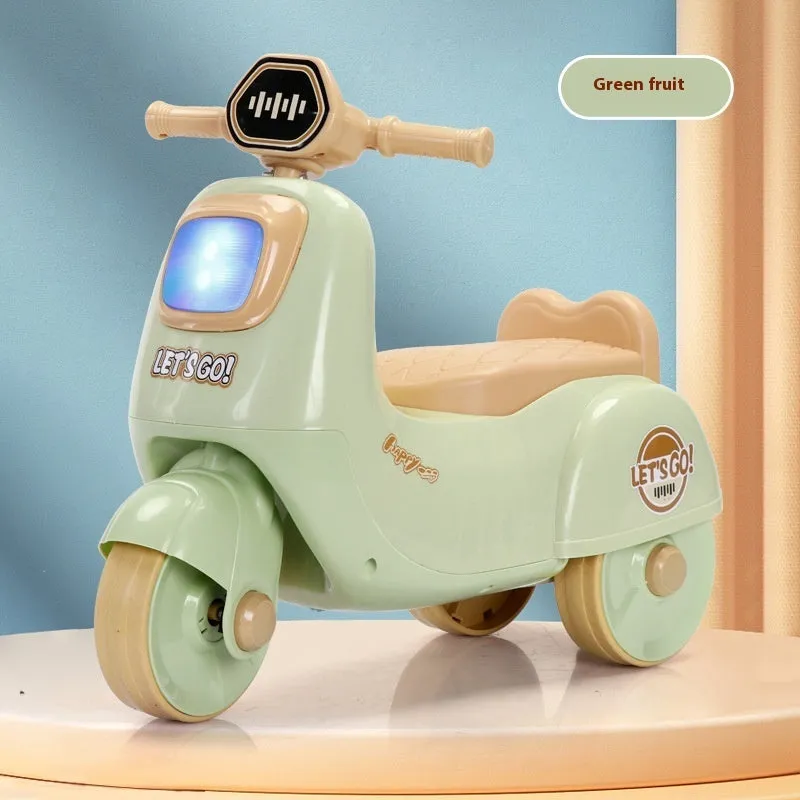 Childrens plastic toy motorcycle balance scooter in Chinese Olive Green with music light for ages 0-36 months