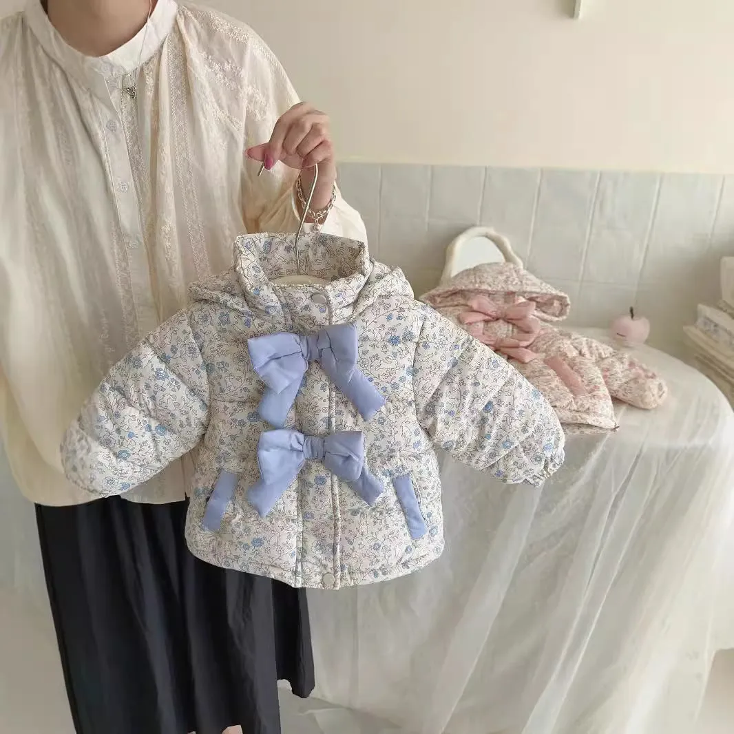 Baby girls winter floral print hooded jacket in blue and white porcelain blue with bow detail, zip-up front