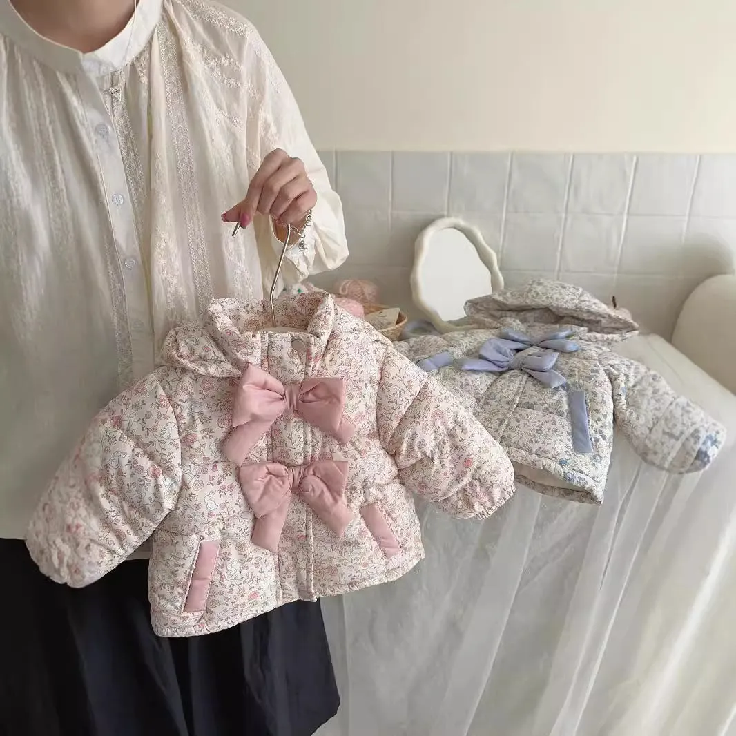 Baby girls winter floral print hooded jacket in blue and white porcelain blue with bow detail, zip-up front