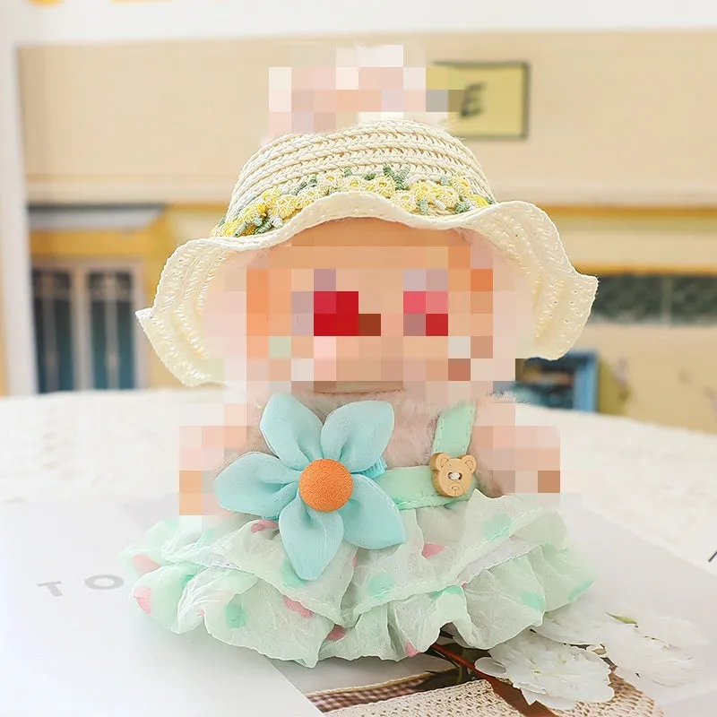 Love Bear pendant doll clothes dress set in pink with matching hat on light background