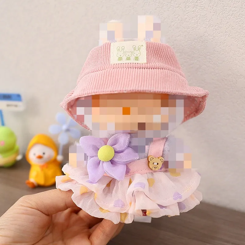 Love Bear pendant doll clothes dress set in pink with matching hat on light background
