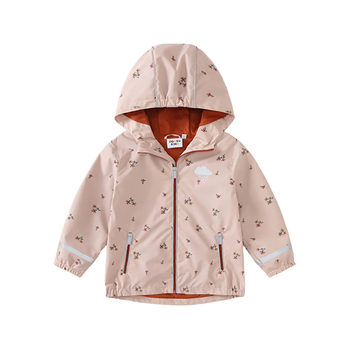 Pink floral children's rain jacket and pants set with hood, reflective details, and loose fit on a child outdoors