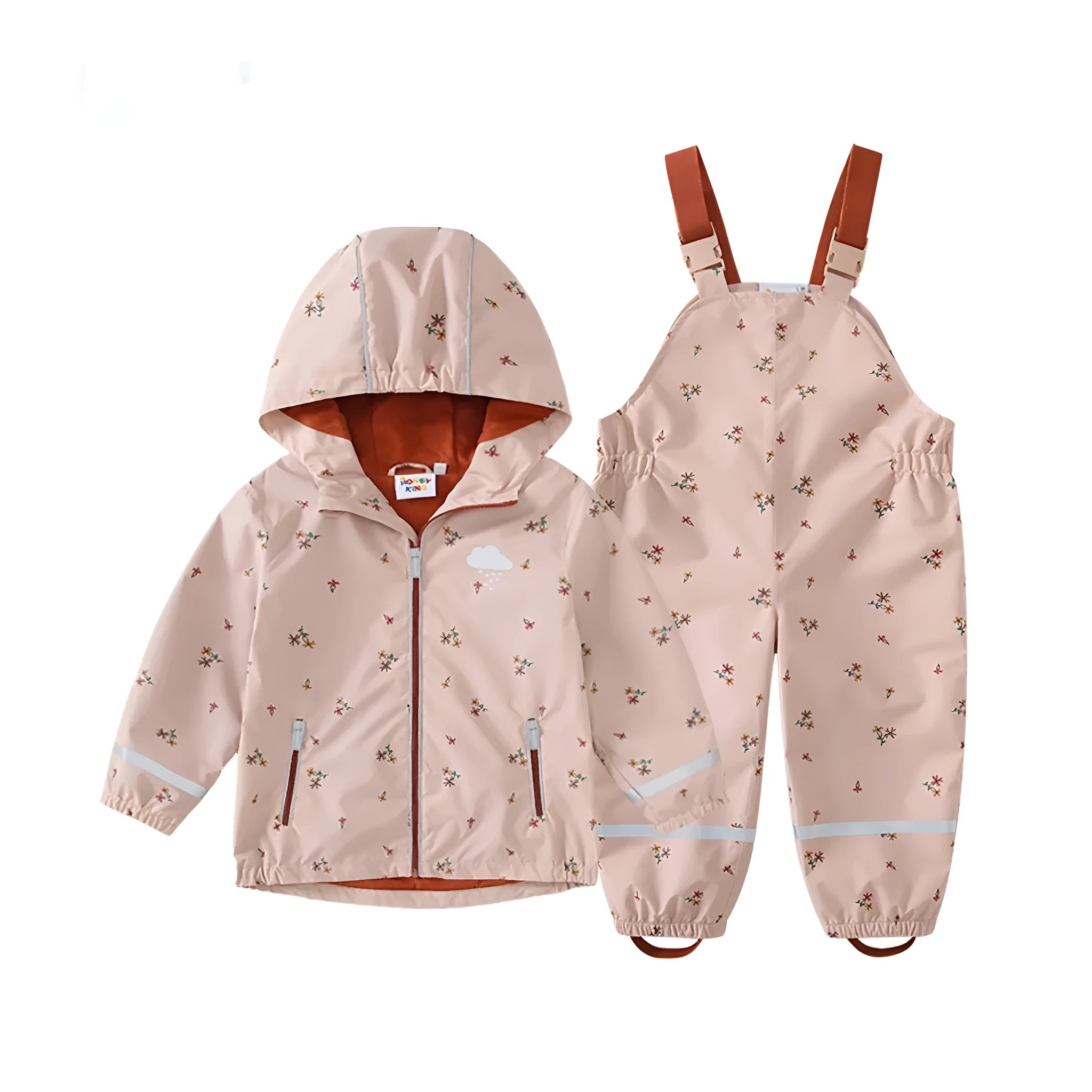 Pink floral children's rain jacket and pants set with hood, reflective details, and loose fit on a child outdoors