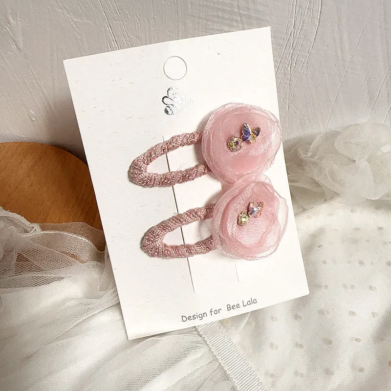 Children's press clip hair accessories set with cloth bows, sequins, pearls, and crystal flowers in pink and beige