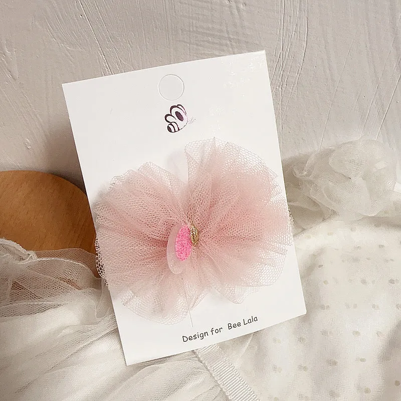 Children's press clip hair accessories set with cloth bows, sequins, pearls, and crystal flowers in pink and beige