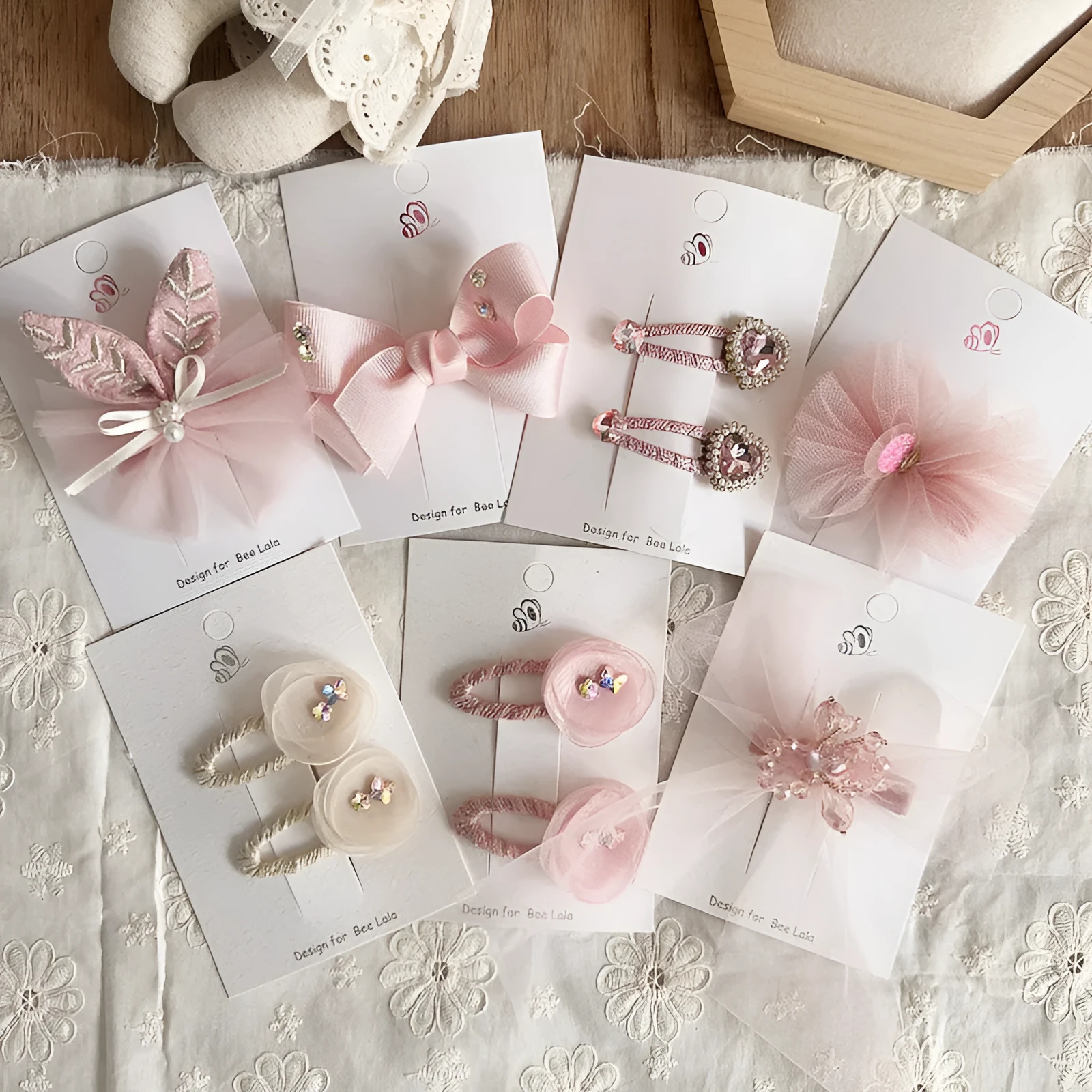 Children's press clip hair accessories set with cloth bows, sequins, pearls, and crystal flowers in pink and beige
