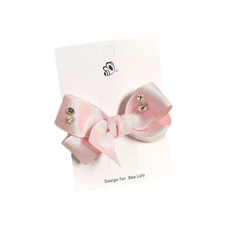 Children's press clip hair accessories set with cloth bows, sequins, pearls, and crystal flowers in pink and beige