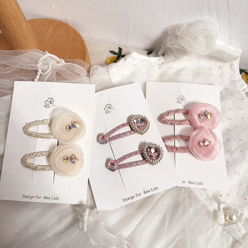 Children's press clip hair accessories set with cloth bows, sequins, pearls, and crystal flowers in pink and beige