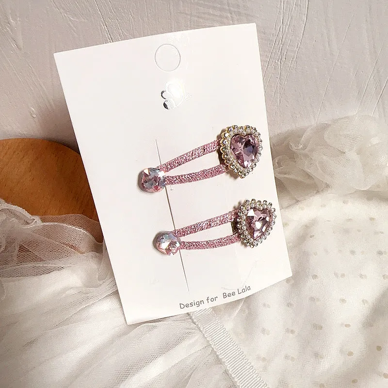 Children's press clip hair accessories set with cloth bows, sequins, pearls, and crystal flowers in pink and beige