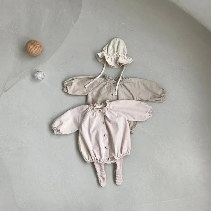 Cotton long sleeve jumpsuit romper with wooden buttons for baby girls in light lotus pink and khaki