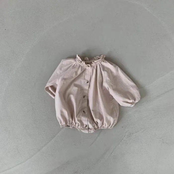 Cotton long sleeve jumpsuit romper with wooden buttons for baby girls in light lotus pink and khaki