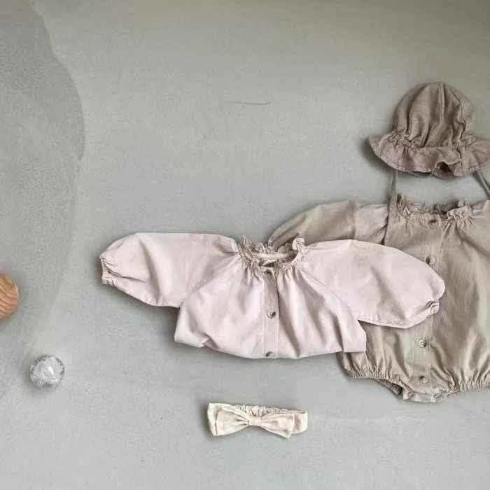 Cotton long sleeve jumpsuit romper with wooden buttons for baby girls in light lotus pink and khaki