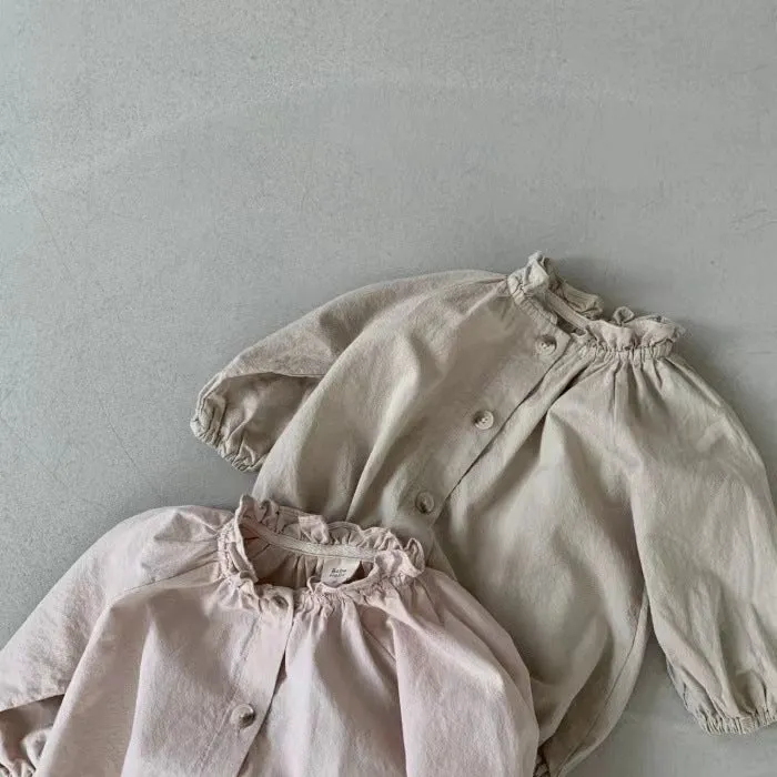 Cotton long sleeve jumpsuit romper with wooden buttons for baby girls in light lotus pink and khaki