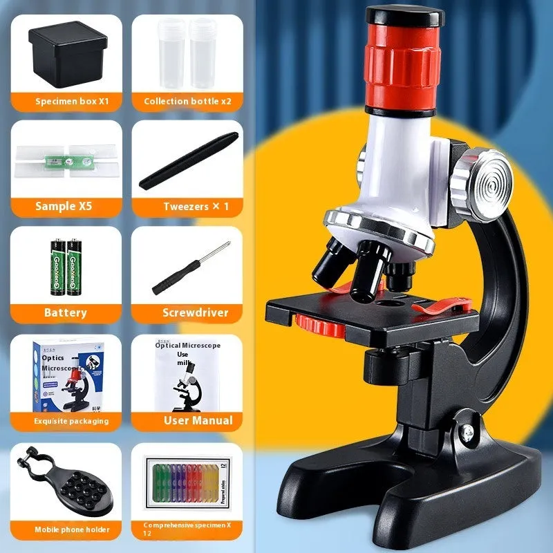 Children's plastic microscope toy with 1200x HD lens, prepared specimen slides, and mobile phone holder on a white background