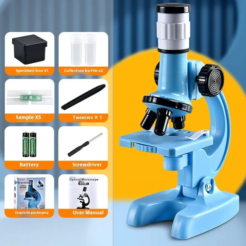 Children's plastic microscope toy with 1200x HD lens, prepared specimen slides, and mobile phone holder on a white background