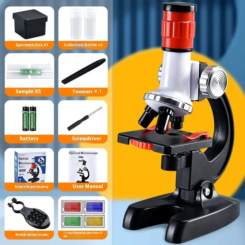 Children's plastic microscope toy with 1200x HD lens, prepared specimen slides, and mobile phone holder on a white background