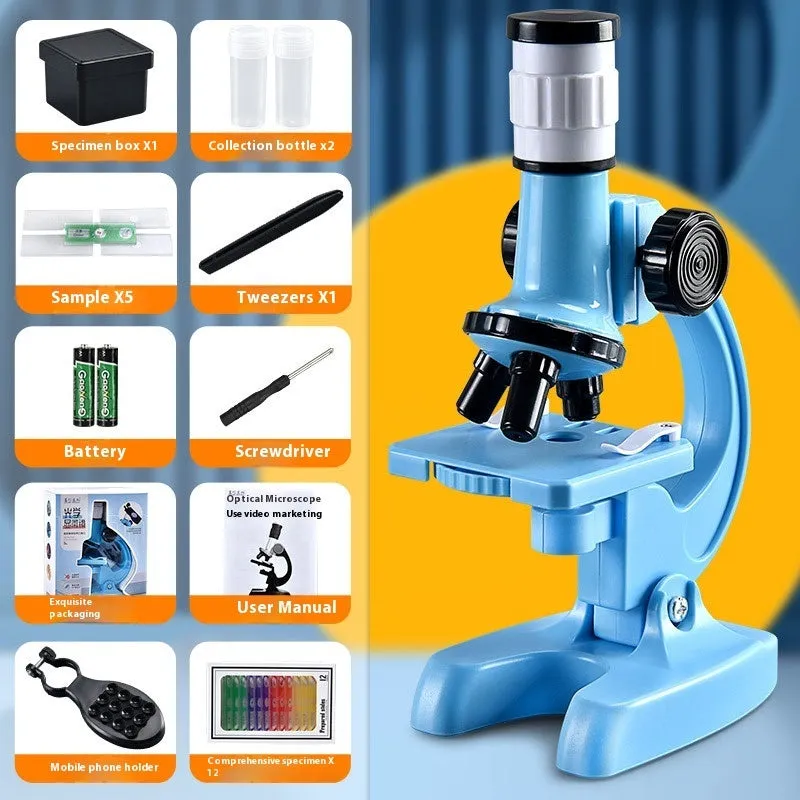 Children's plastic microscope toy with 1200x HD lens, prepared specimen slides, and mobile phone holder on a white background