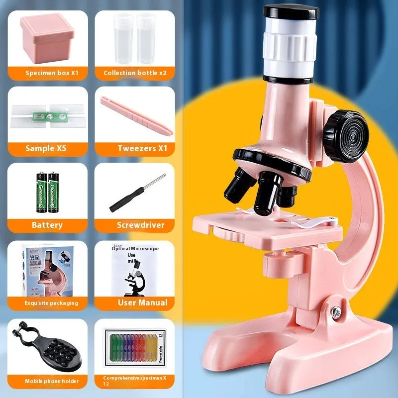 Children's plastic microscope toy with 1200x HD lens, prepared specimen slides, and mobile phone holder on a white background