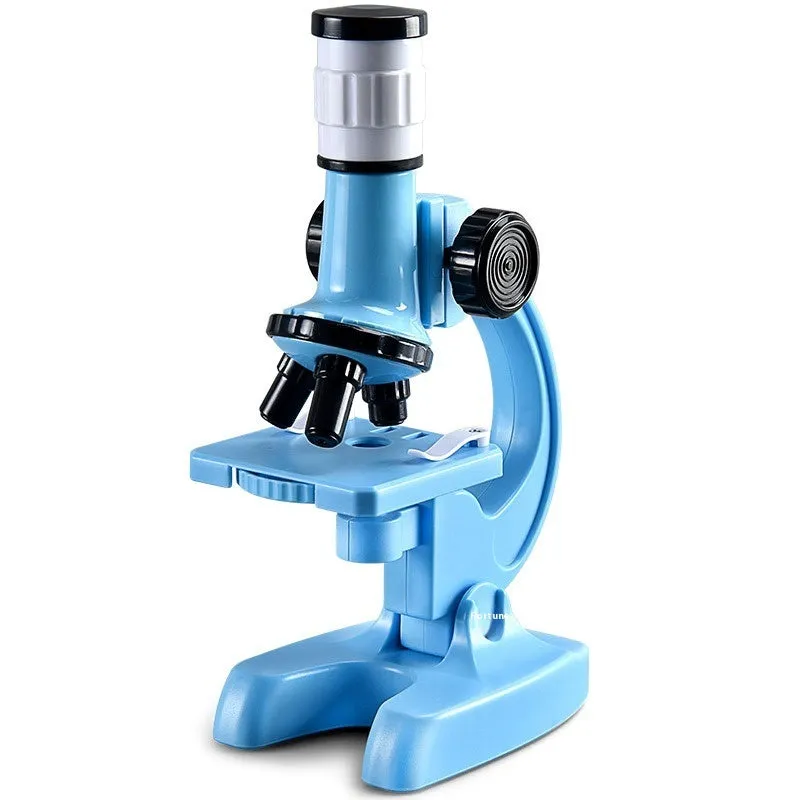 Children's plastic microscope toy with 1200x HD lens, prepared specimen slides, and mobile phone holder on a white background