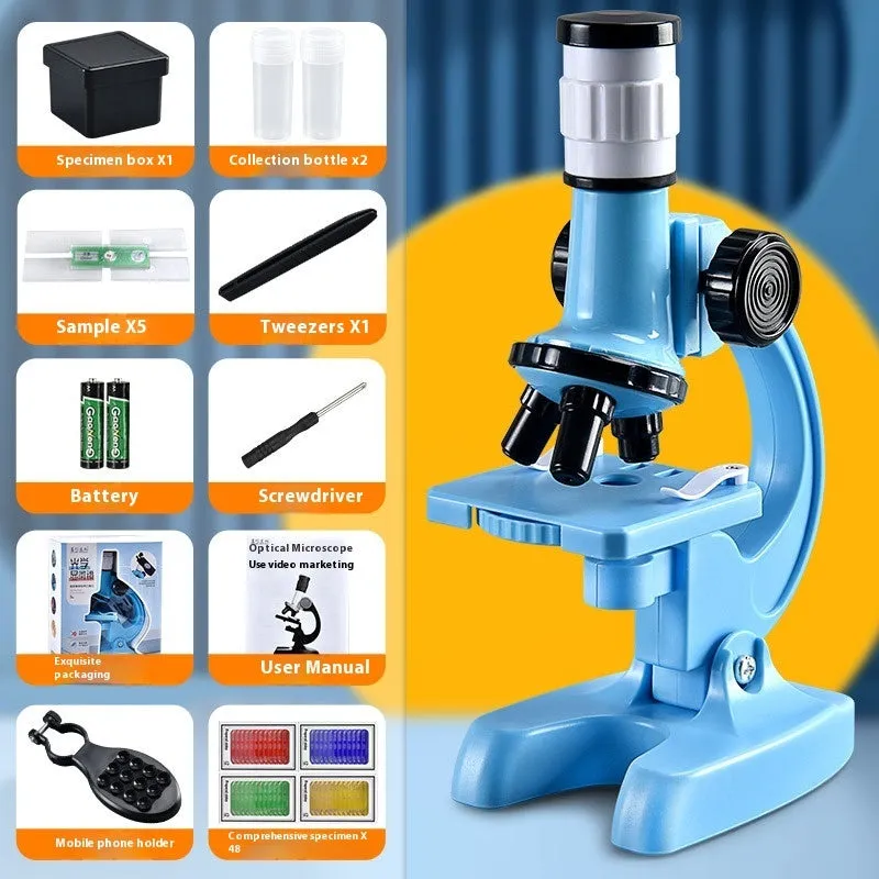Children's plastic microscope toy with 1200x HD lens, prepared specimen slides, and mobile phone holder on a white background