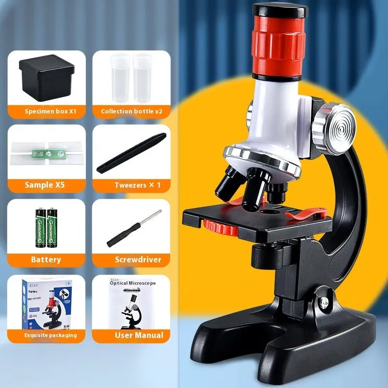 Children's plastic microscope toy with 1200x HD lens, prepared specimen slides, and mobile phone holder on a white background