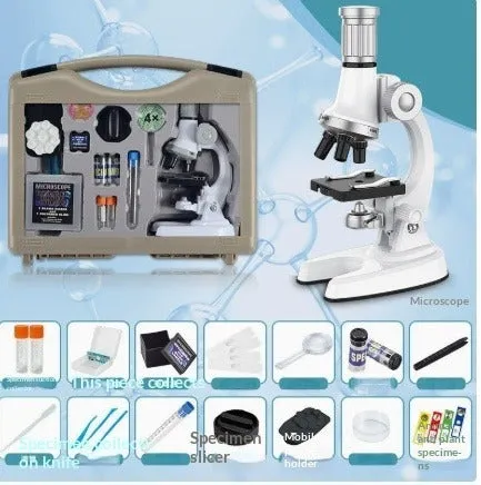 Children's plastic microscope toy with 1200x HD lens, prepared specimen slides, and mobile phone holder on a white background