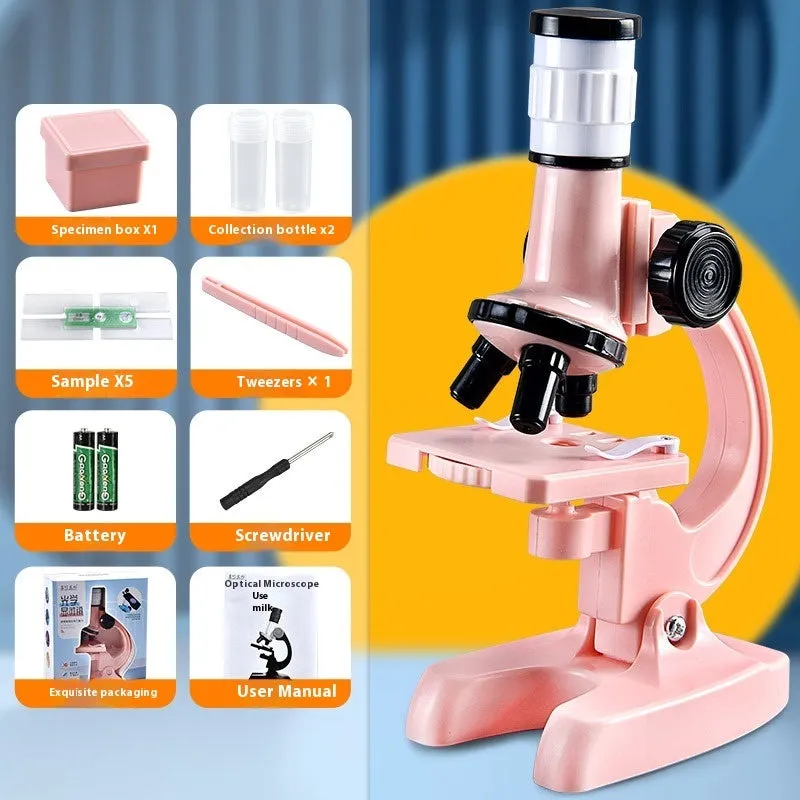 Children's plastic microscope toy with 1200x HD lens, prepared specimen slides, and mobile phone holder on a white background