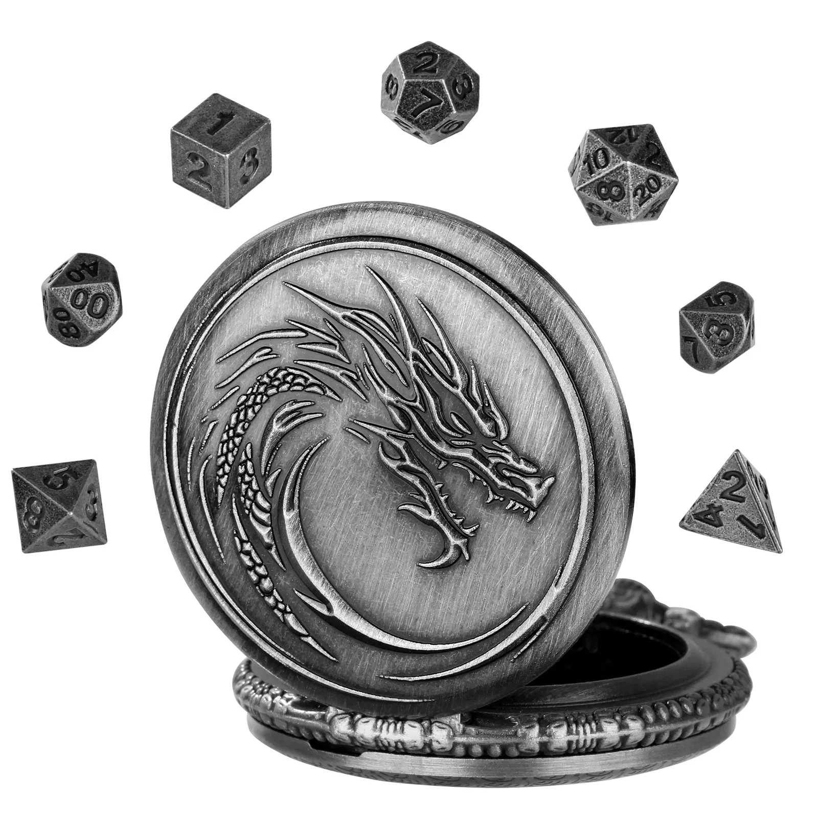 Retro alloy curved faucet pocket watch dice set with seven polyhedral dice in bronze finish and storage box