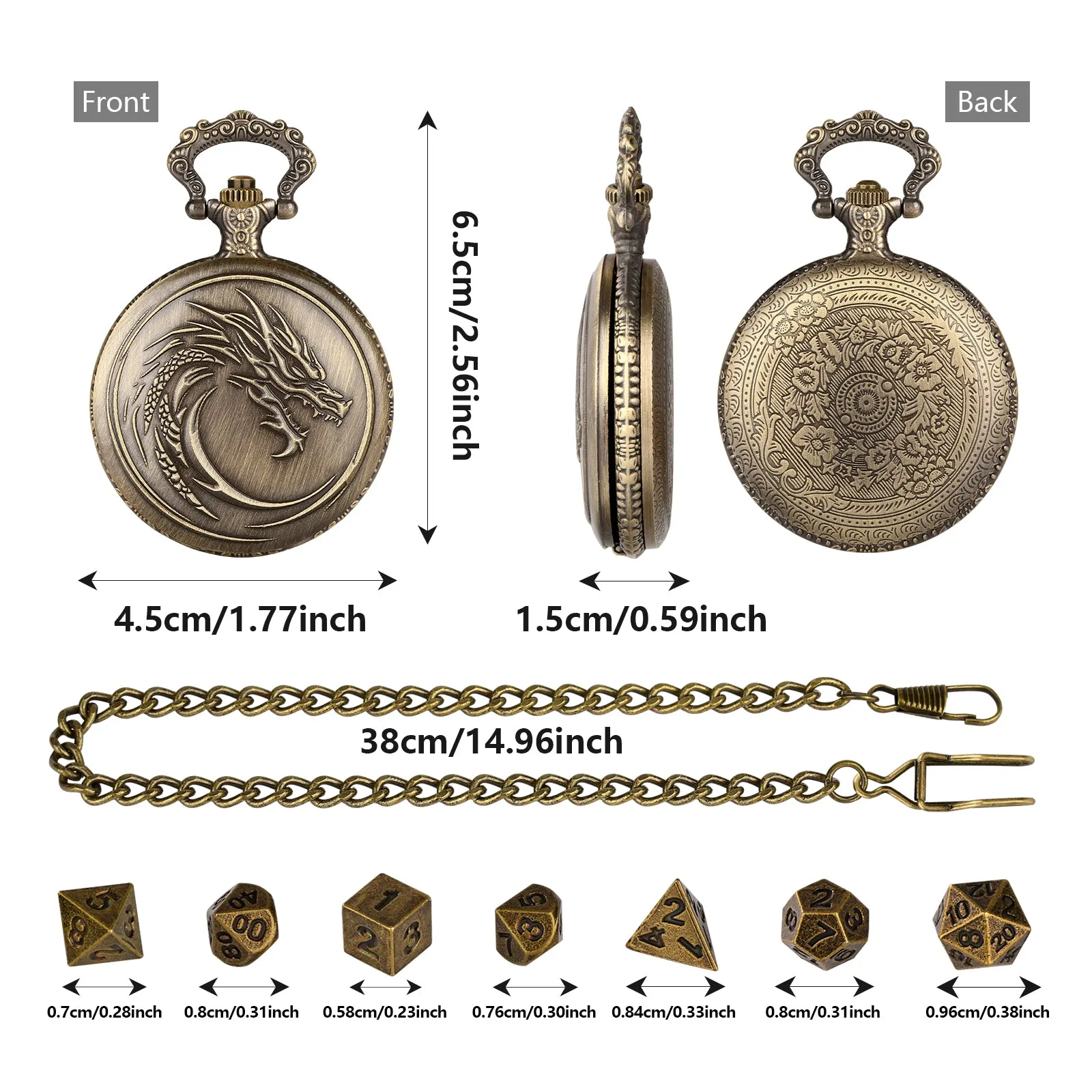 Retro alloy curved faucet pocket watch dice set with seven polyhedral dice in bronze finish and storage box