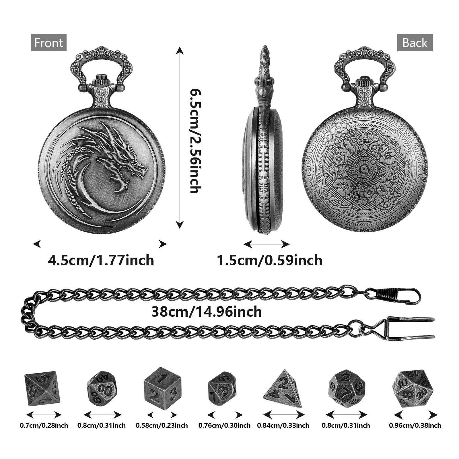 Retro alloy curved faucet pocket watch dice set with seven polyhedral dice in bronze finish and storage box
