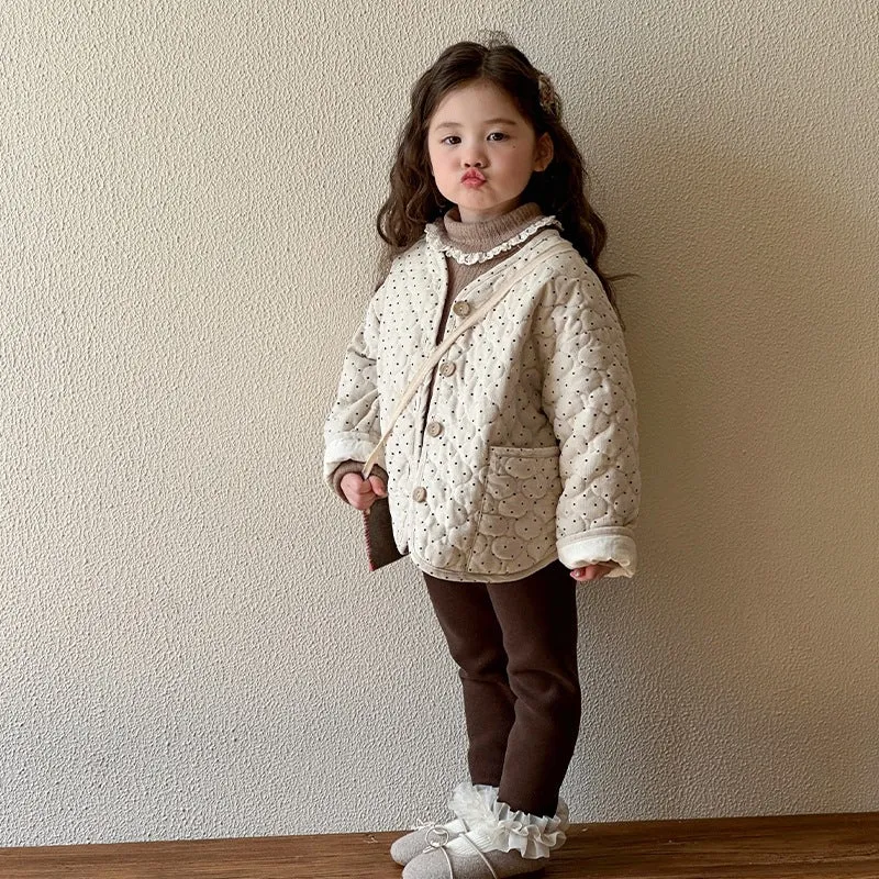 Beige Korean-style baby girl winter cotton-padded coat with printed design, corduroy fabric, single-breasted closure, unhooded, suitable for heights 80-130cm