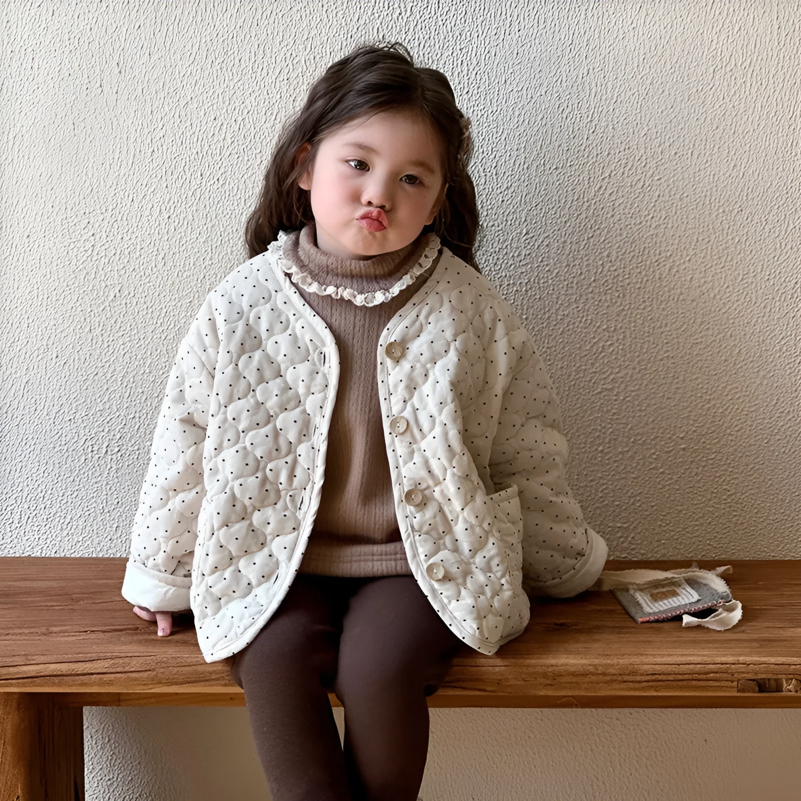 Beige Korean-style baby girl winter cotton-padded coat with printed design, corduroy fabric, single-breasted closure, unhooded, suitable for heights 80-130cm