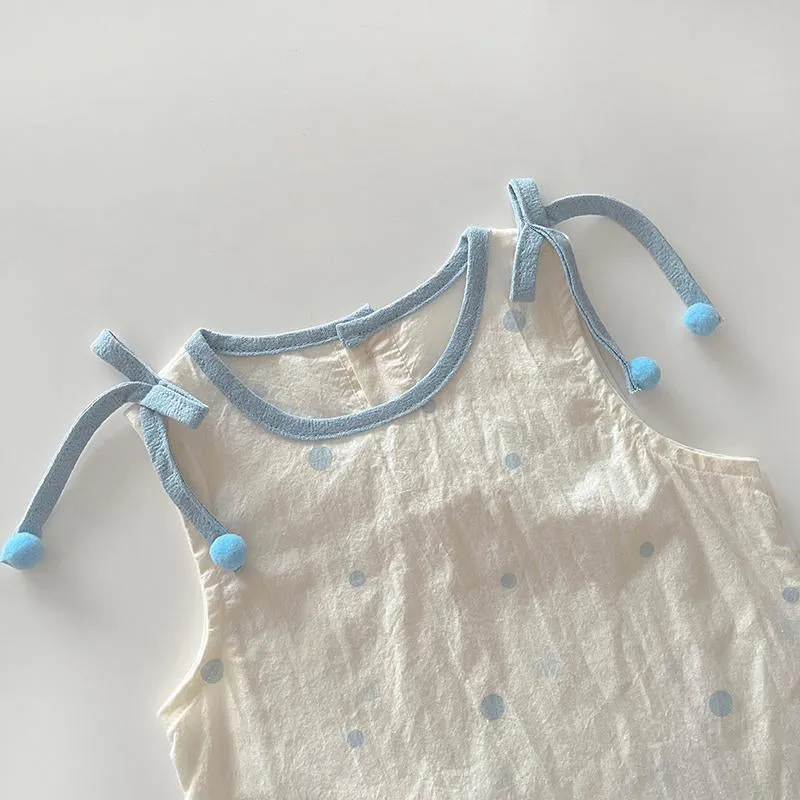 Girls polka dot lyocell vest and shorts two-piece set in blue and green, sizes 80cm to 120cm