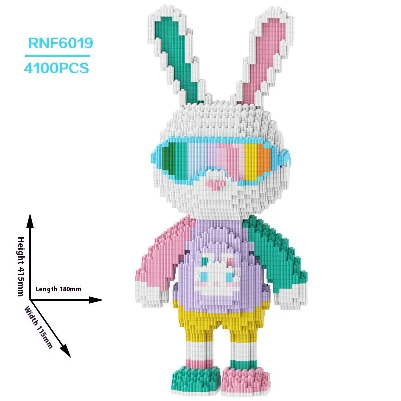 Small particle assembled building block toy in rainbow rabbit theme, ABS plastic, colour box package