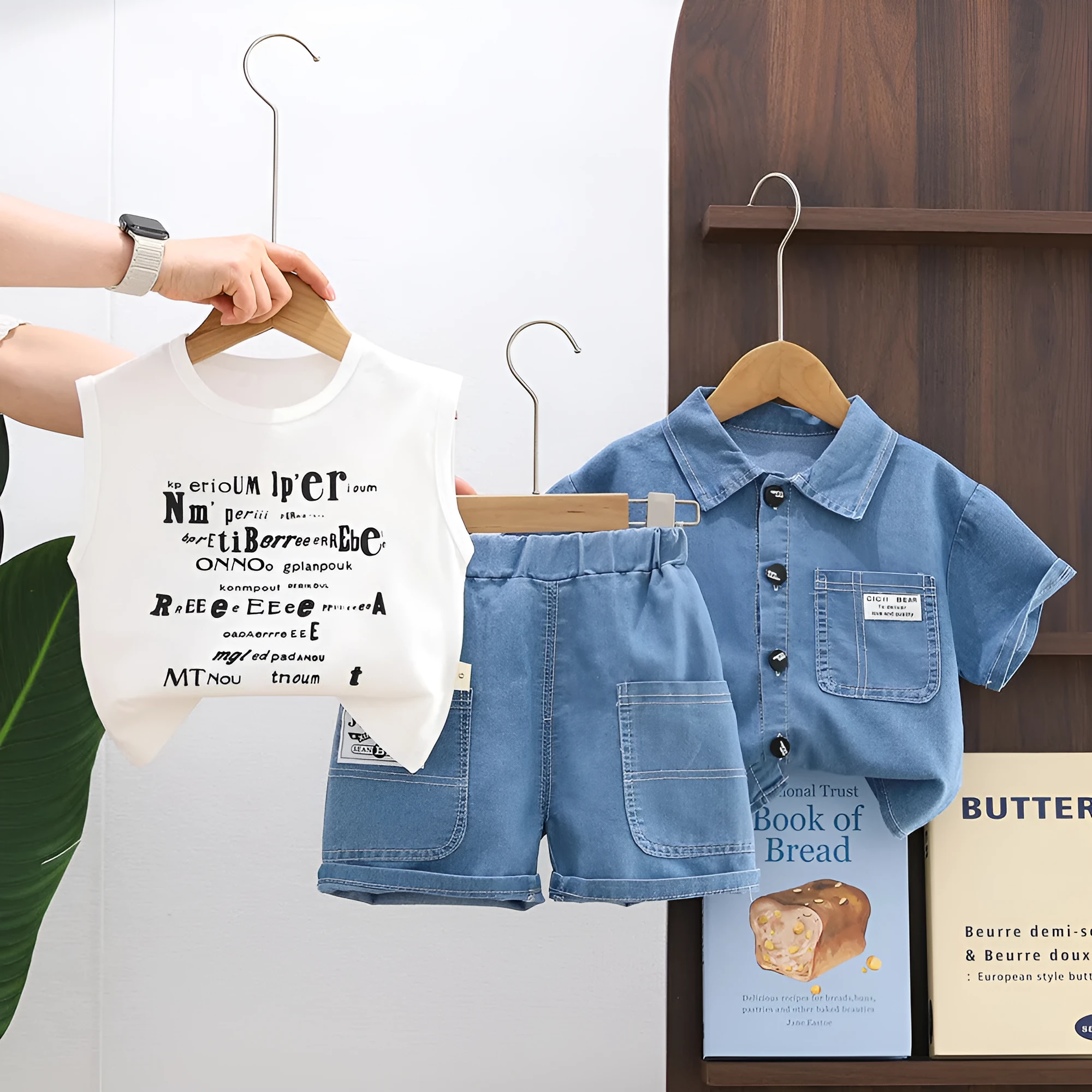 Boys denim short sleeve suit three-piece set in cotton fabric with solid colour and letter print, size 80-120cm