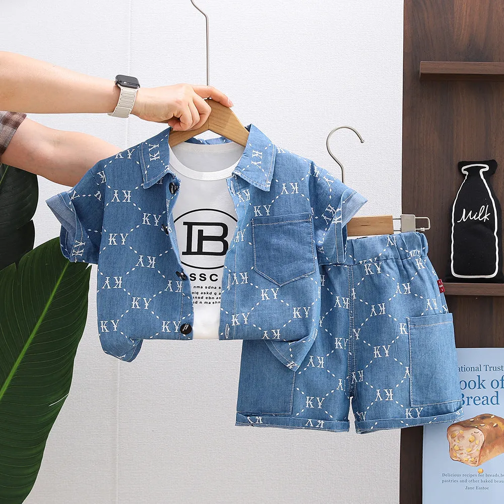 Boys denim short sleeve suit three-piece set in cotton fabric with solid colour and letter print, size 80-120cm