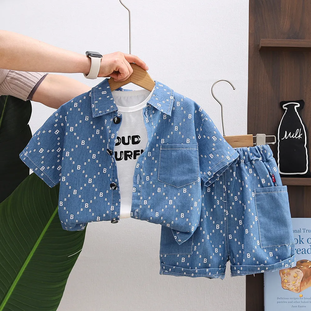 Boys denim short sleeve suit three-piece set in cotton fabric with solid colour and letter print, size 80-120cm