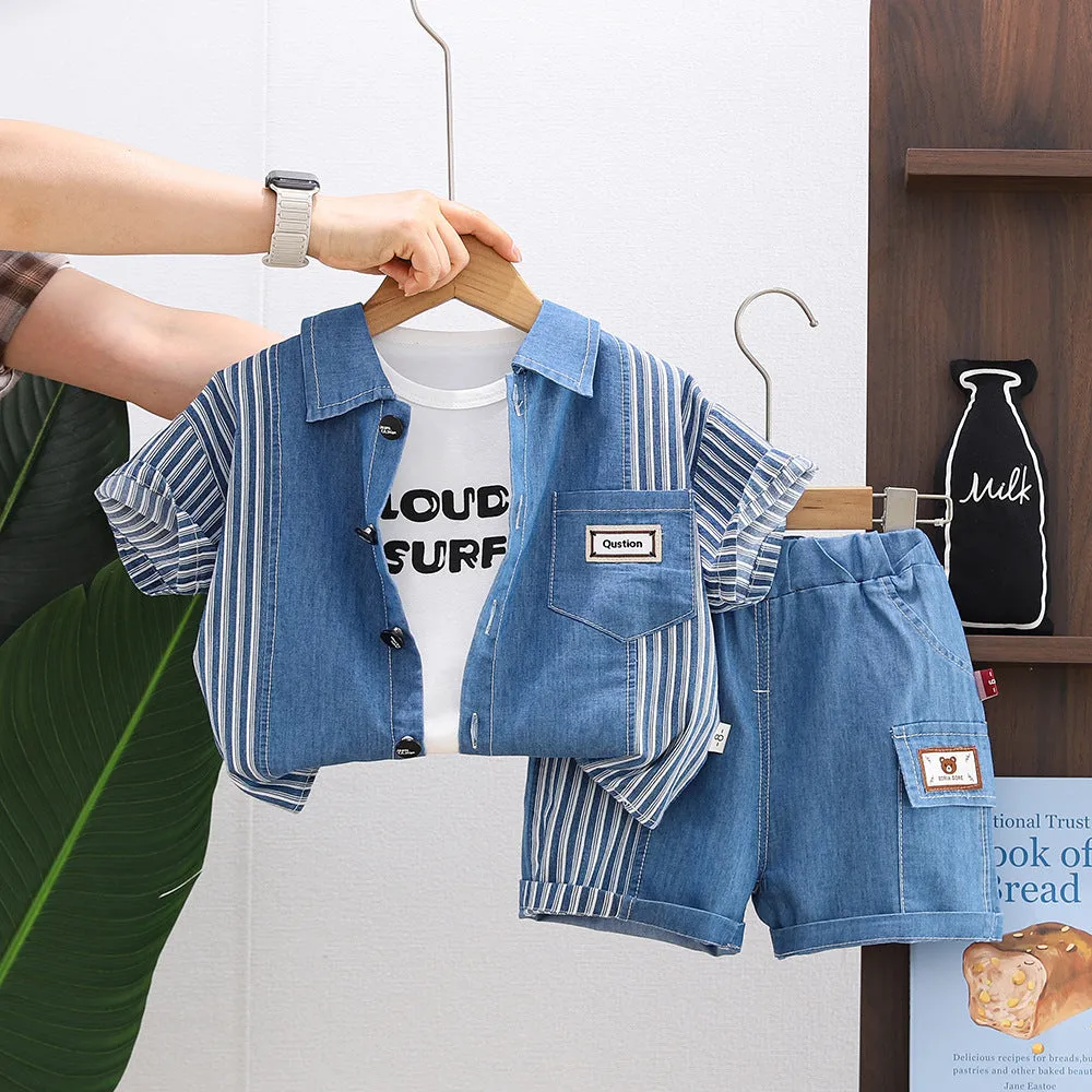 Boys denim short sleeve suit three-piece set in cotton fabric with solid colour and letter print, size 80-120cm
