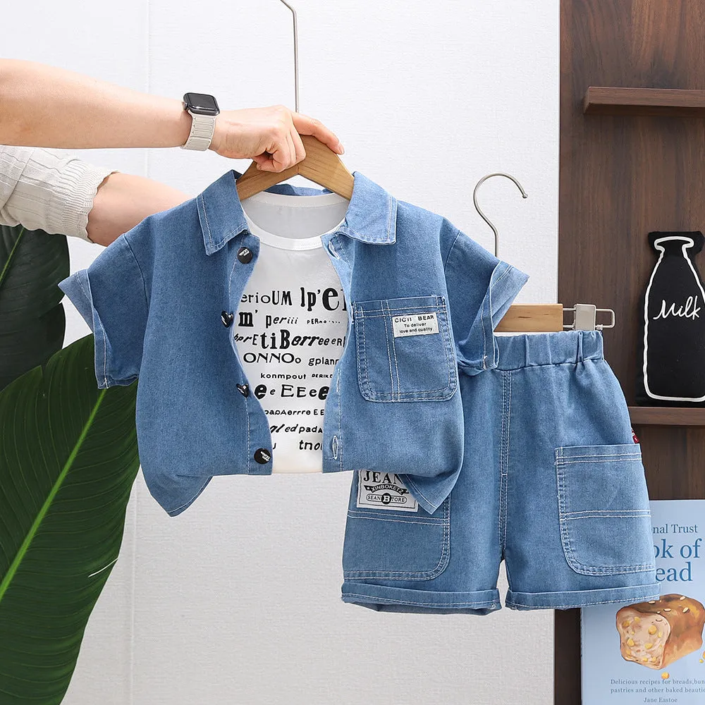 Boys denim short sleeve suit three-piece set in cotton fabric with solid colour and letter print, size 80-120cm