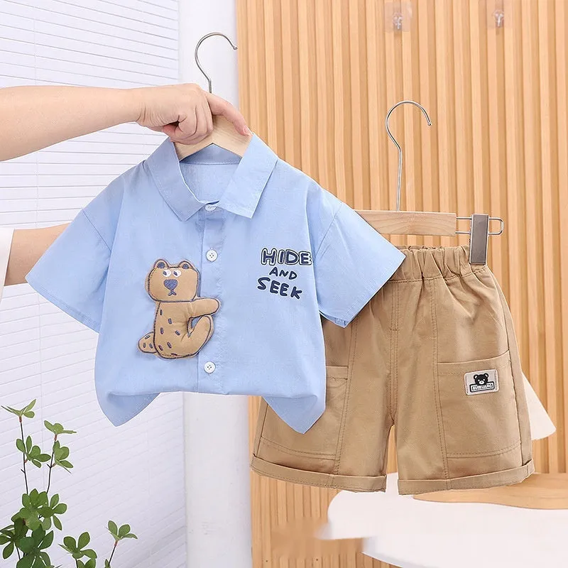Boys cotton casual suit set with short-sleeve shirt and trousers in solid colour